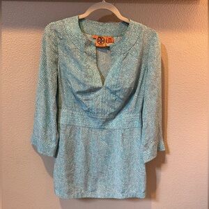 Tory Burch 100% Silk Tunic Top teal & white print Size 6